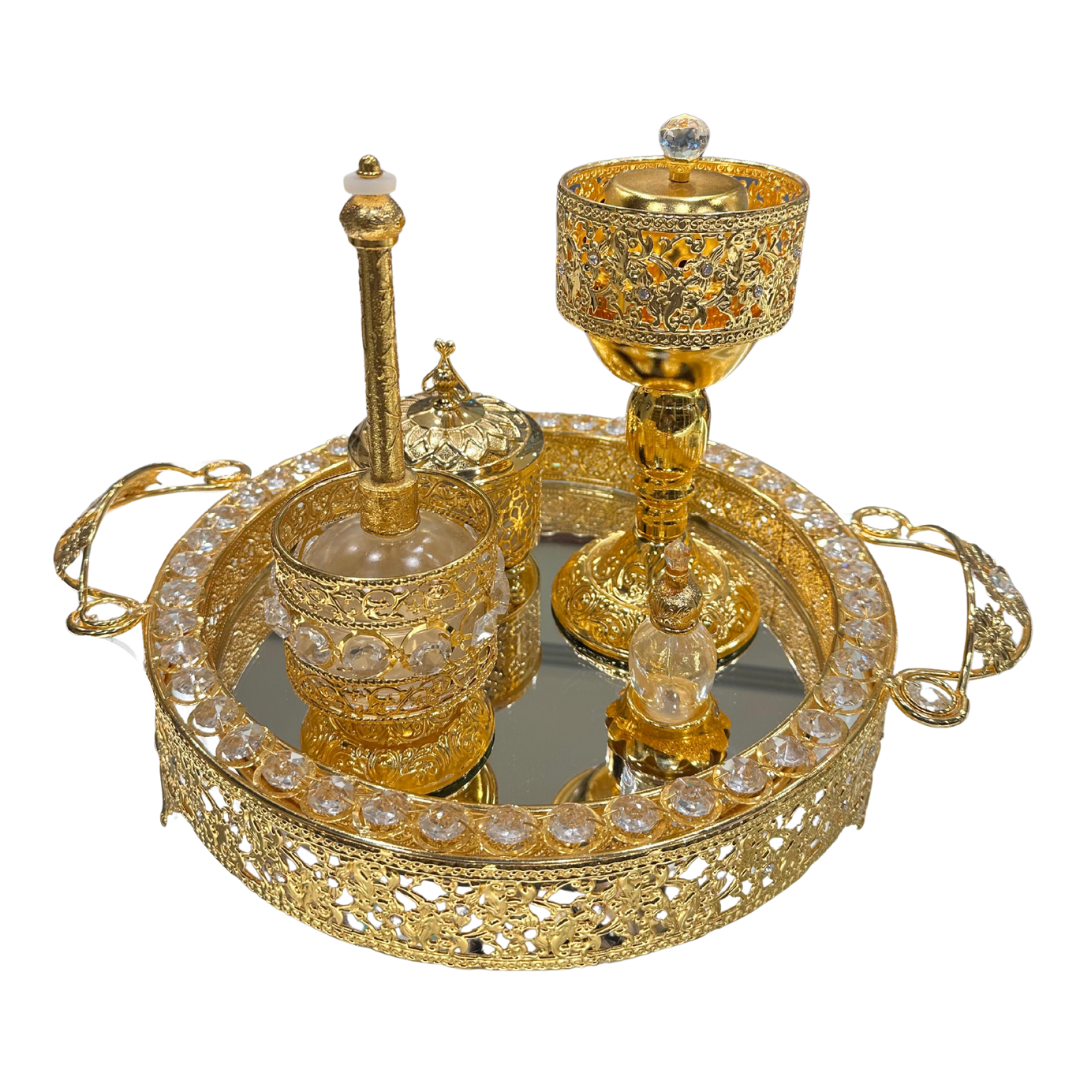 Najm Al Oud - Golden-Plated Perfume & Bakhoor Set with Decorative Tray